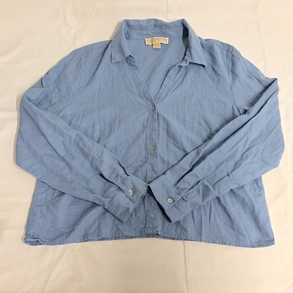Michael Kors Button Down Womens L Blue Linen Blend Long Sleeve Shirt Coastal
